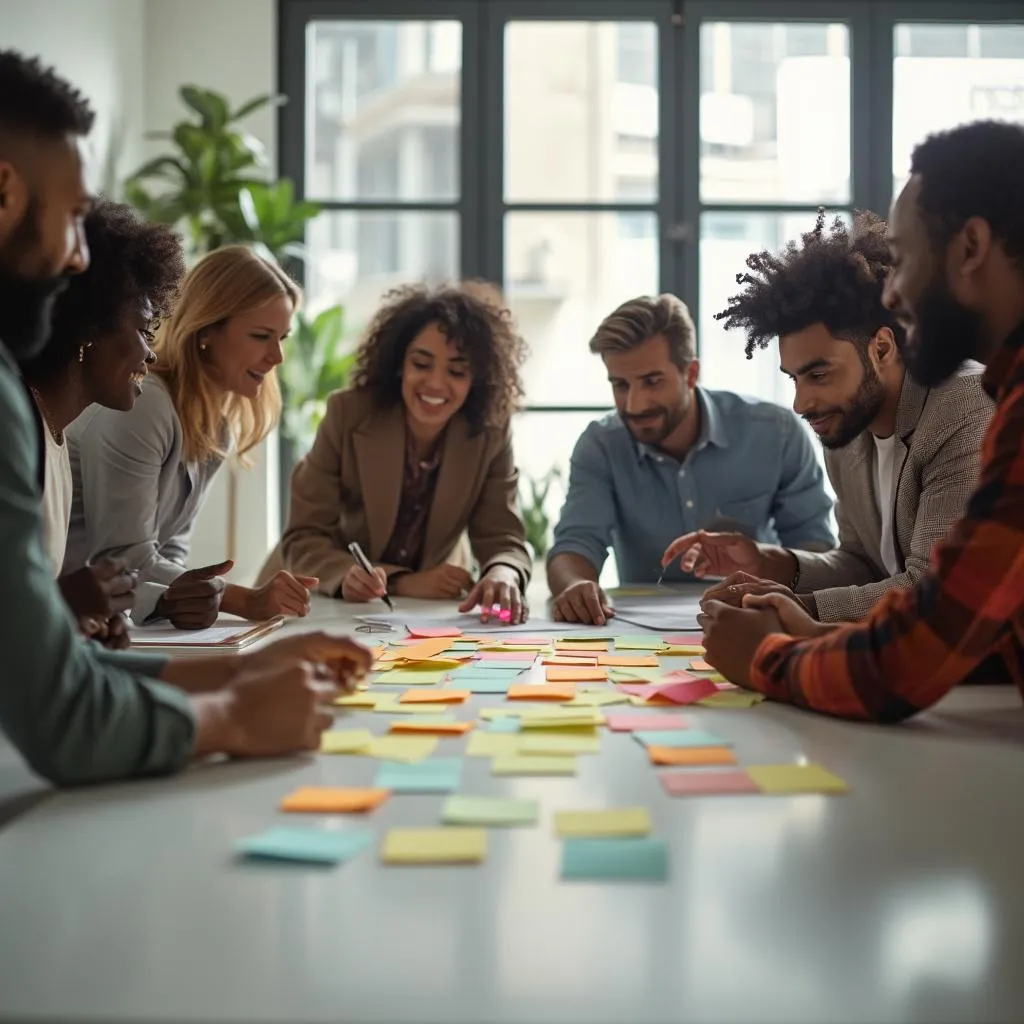 Team brainstorming session in a modern office