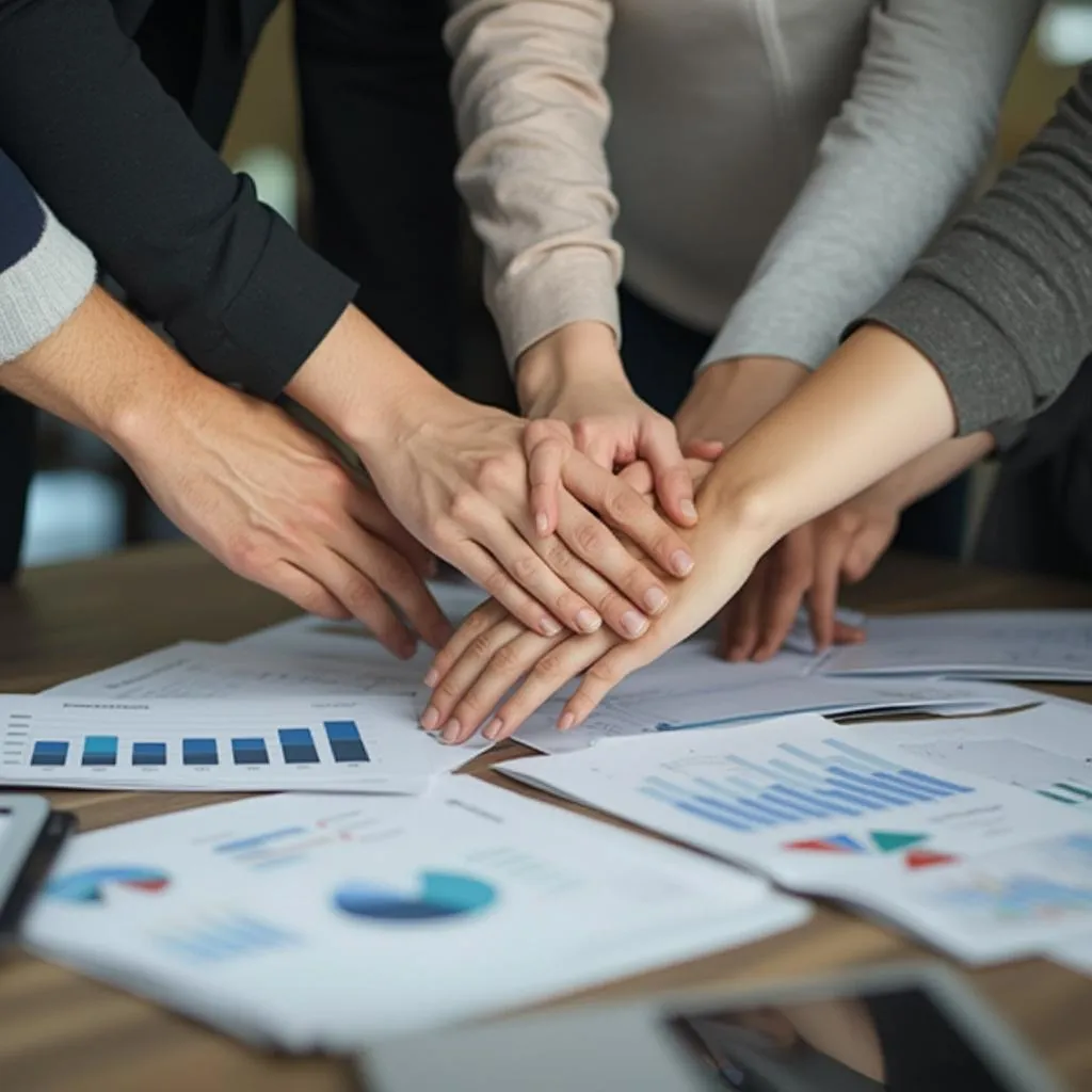 Close-up of collaborative hands working on a strategic plan