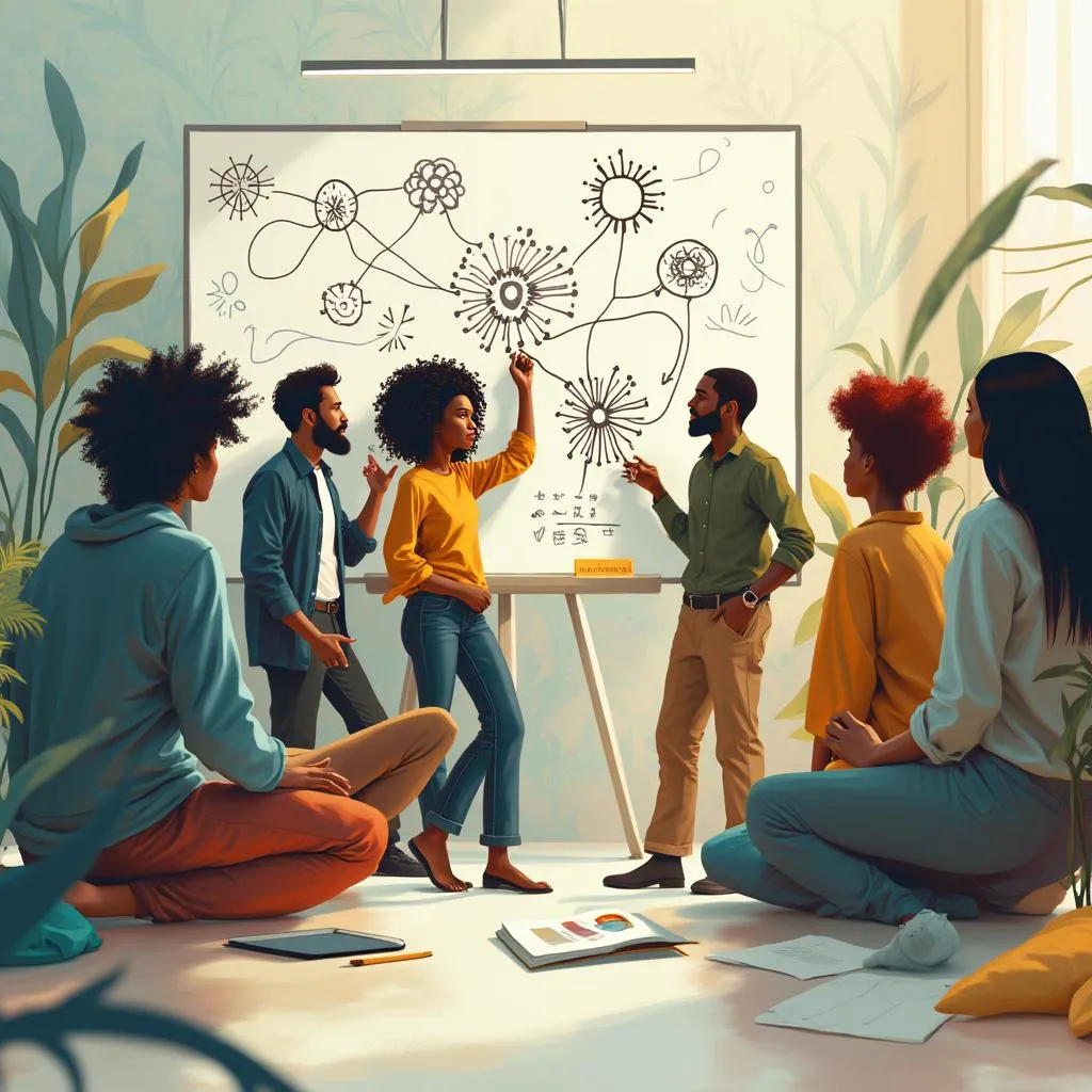 Founding team members discussing strategy with a biomorphic design overlay
